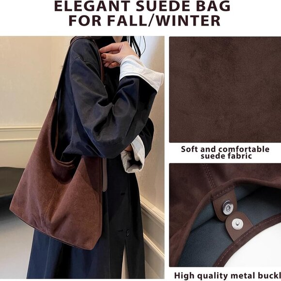 Brown Suede Tote Bag Women Large Capacity Adjustable Strap Crossbody - Picture 5 of 6